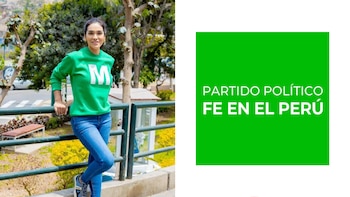 María Pía Paz de la Barra apoyada en una baranda en un parque y un recuadro verde con el texto Partido Político Fe en el Perú