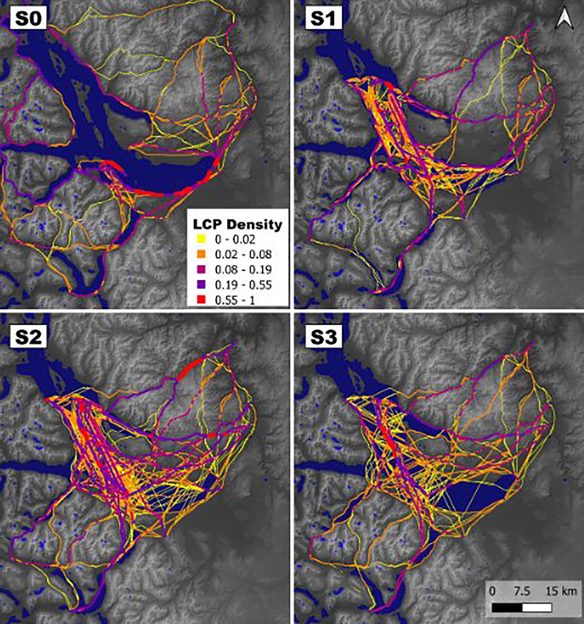 Comparación de tres escenarios: el lago con bajo, igual y alto costo. Abajo se ven los caminos más eficientes en cada caso (CONICET)