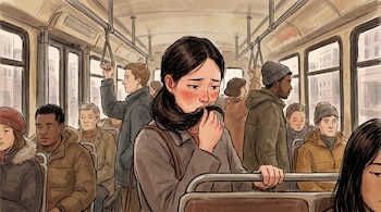 Ilustración de una mujer con cabello oscuro oliendo su propio mechón, de pie en un autobús lleno de pasajeros, algunos sentados y otros de pie agarrados al barandal.