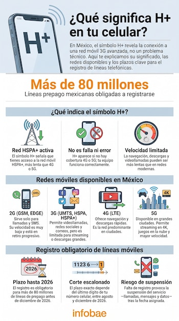 Un smartphone con el símbolo H+ en la pantalla. Infografía que detalla redes móviles disponibles en México y el registro obligatorio de líneas de prepago. Logo Infobae.