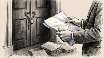Dibujo de unas manos con traje sosteniendo documentos frente a una puerta cerrada con cadena y candado, con carpetas apiladas en el suelo.