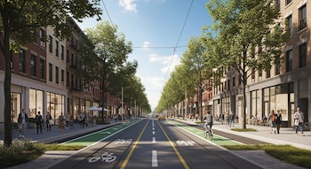 Perspectiva de calle ancha con dos carriles centrales, vías de tranvía, ciclovías verdes, aceras con gente, edificios de varios pisos y árboles a los lados.