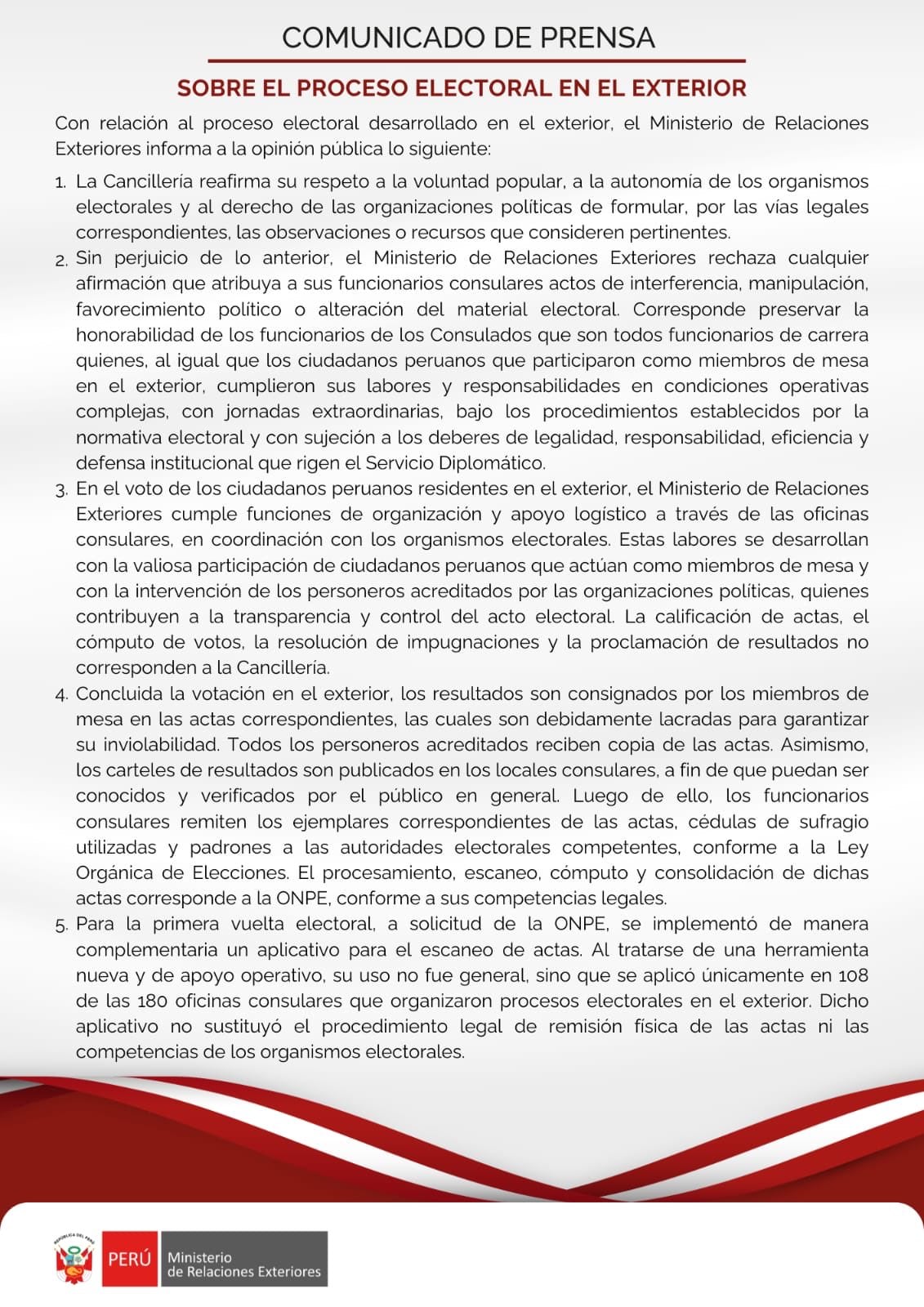 El Ministerio de Relaciones Exteriores de Perú emite un comunicado de prensa para informar sobre el desarrollo del proceso electoral de ciudadanos peruanos en el exterior. (Cancillería / X)