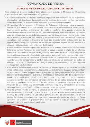 Documento con el título Comunicado de Prensa, sobre el Proceso Electoral en el Exterior, y el logotipo del Ministerio de Relaciones Exteriores de Perú