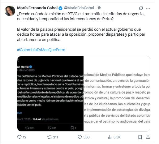María Fernanda Cabal criticó a Hollman Morris por poner a Rtvc como plataforma de difusión de mensajes del presidente Petro - crédito @MariaFdaCabal/X