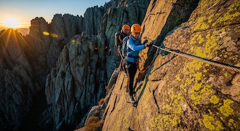 Dos personas con cascos y arneses escalan una pared de roca por una vía ferrata con cables y peldaños. El sol brilla al fondo entre las montañas.