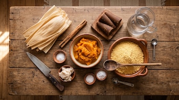 Mesa de madera con hojas de maíz, pulpa de calabaza, harina en cuenco de barro, piloncillo, canela, manteca, agua y utensilios de cocina.