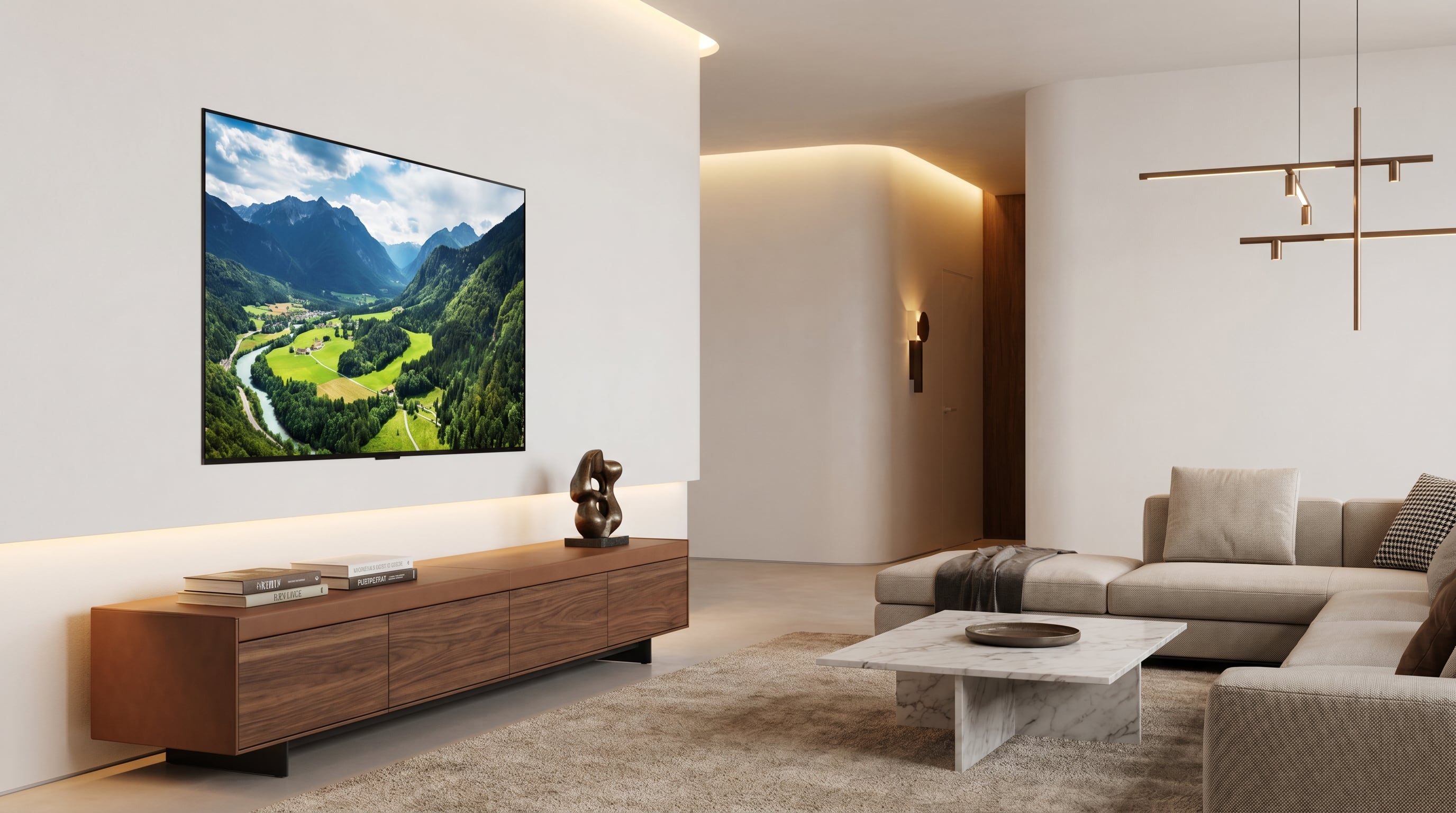 Un televisor OLED ultradelgado se integra armoniosamente en una pared blanca, destacando un ambiente moderno y sofisticado con mobiliario de diseño contemporáneo y una iluminación cálida. (Imagen Ilustrativa Infobae)
