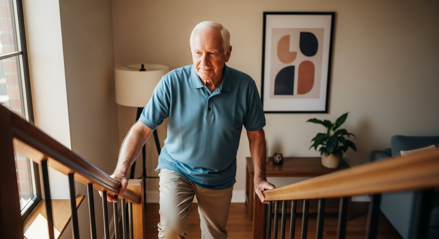 Subir escaleras es un buen ejercicio para mantener la fuerza en los miembros inferiores. Es importante hacerlo con cuidado, soporte y buena iluminación (Imagen Ilustrativa Infobae)