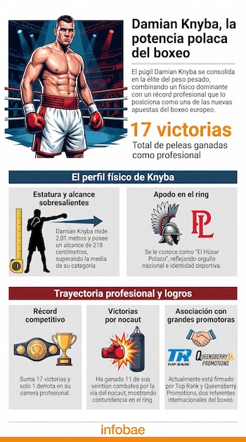 Infografía de Damian Knyba: ilustración de boxeador, texto con datos, estadísticas de su récord, perfil físico, apodo, logos Top Rank, Queensberry e Infobae.