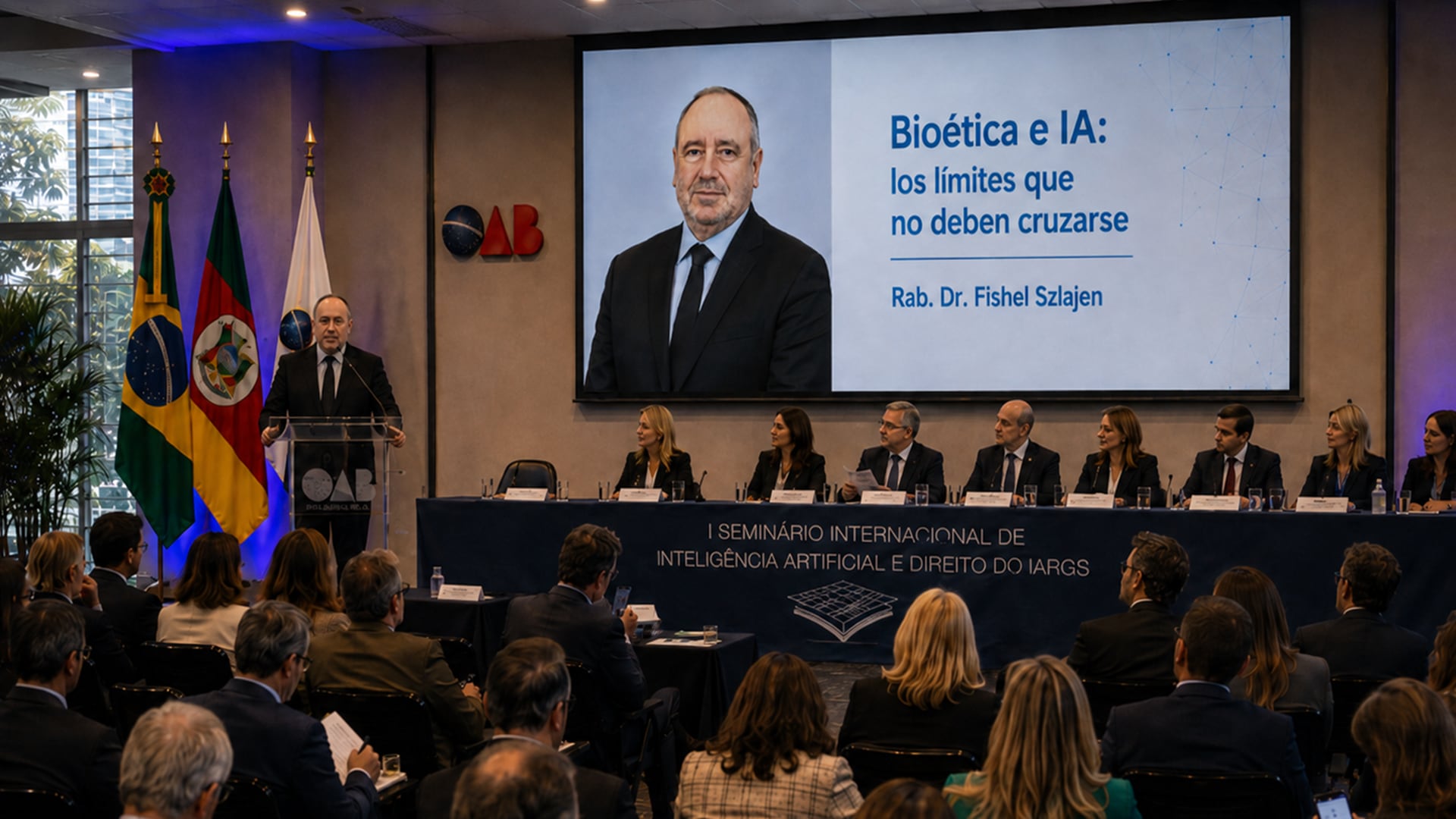 Disertación del Rab. Dr. Fishel Szlajen en el aula magna de la OAB sobre la Ética del Límte en la IA