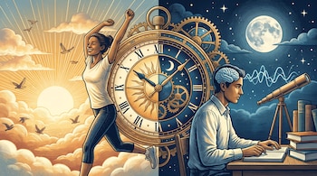 Ilustración dividida entre amanecer y noche: una mujer activa corre con el sol, un hombre estudia con la luna. Un reloj central con engranajes une las escenas.
