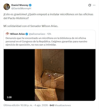 El representante a la Cámara por Bogotá Daniel Monroy también se refirió al caso de Arias y calificó como "gravísimo" lo que denunció el senador - crédito @DanielMonroyH/X