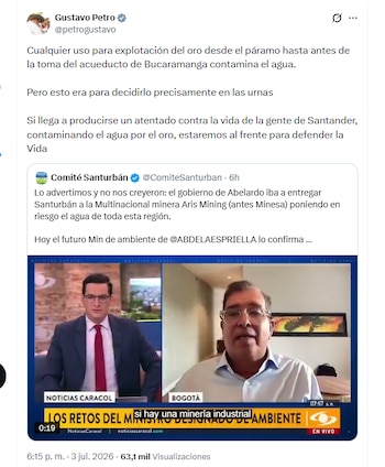 El presidente Gustavo Petro advirtió que cualquier explotación del oro desde el páramo de Santurbán contamina el agua - crédito @petrogustavo/X