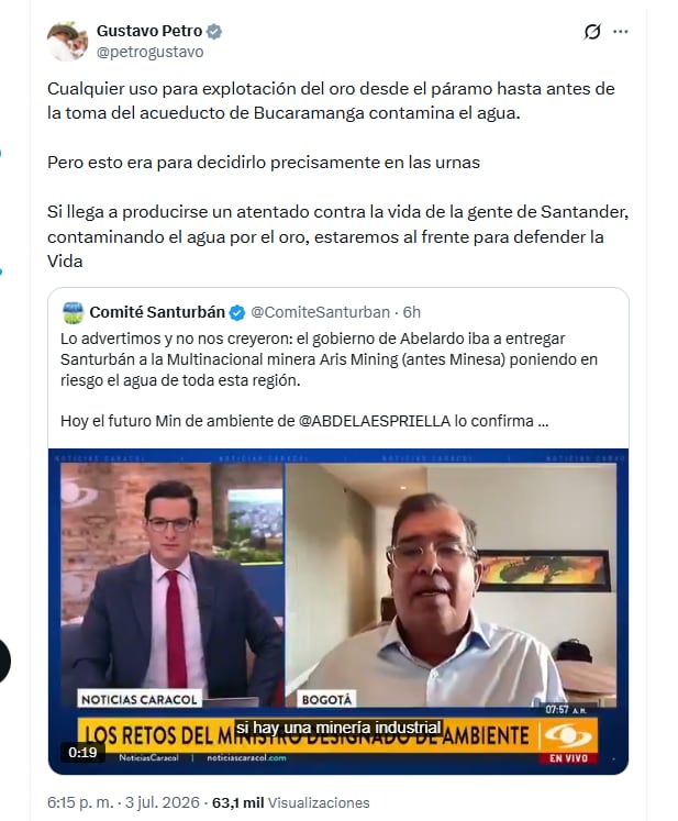 El presidente Gustavo Petro advirtió que cualquier explotación del oro desde el páramo de Santurbán contamina el agua - crédito @petrogustavo/X