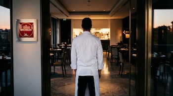 Un hombre con uniforme de cocinero blanco está de espaldas ante la entrada de un comedor junto a una placa roja de Michelin.