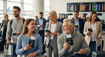 Varias personas sonríen en un aeropuerto, sosteniendo pasaportes y boletos. Hay maletas y una pantalla de información de vuelos visible al fondo.