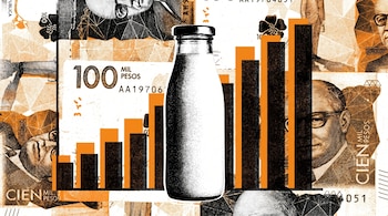 Ilustración risográfica con botella de leche monocromática en el centro, detrás un gráfico de barras ascendente naranja y negro, sobre un fondo de billetes de cien mil pesos.
