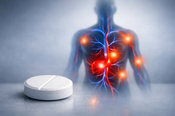 Una pastilla blanca en primer plano, con la silueta translúcida de un cuerpo humano en el fondo mostrando vasos sanguíneos azules y rojos y puntos luminosos naranjas.