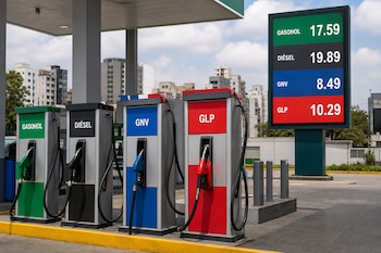 Cuatro surtidores de combustible de colores verde, negro, azul y rojo junto a un letrero digital de precios con edificios al fondo.