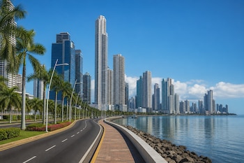Una carretera asfaltada con palmeras a un lado y un paseo peatonal junto al mar frente a varios rascacielos.