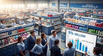 Vista aérea de una planta de cosméticos e higiene en Guatemala con estantes llenos de productos, trabajadores y ejecutivos viendo una pantalla con gráficos de exportación.