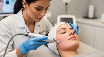 Primer plano de una dermatóloga con guantes azules realizando dermoabrasión en la mejilla de una paciente, quien tiene los ojos cerrados y una diadema blanca.
