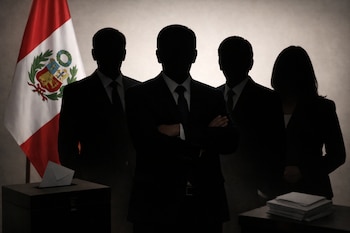 Siluetas de cuatro candidatos presidenciales de Perú en vestimenta formal, con la bandera peruana, una urna electoral y una pila de papeletas.