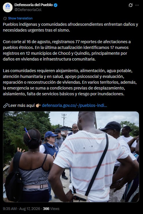 La Defensoría del Pueblo hizo un llamado urgente para las víctimas del terremoto - crédito @DefensoriaCol/X