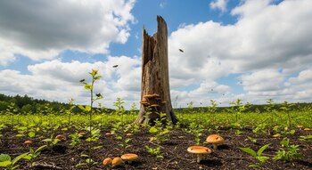 Un tronco de árbol muerto permanece en pie rodeado de plantas jóvenes, hongos en el suelo y en el tronco, e insectos volando bajo un cielo con nubes.