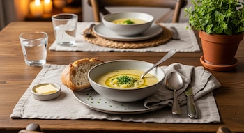 Primer plano de un tazón de sopa de puerros y papas, pan, mantequilla y cubiertos en una mesa de madera. Otro plato de sopa y vasos de agua al fondo.