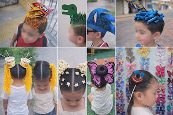 Collage de ocho fotos de niños con peinados creativos usando alimentos como Doritos, palomitas, yogur y diversos accesorios.