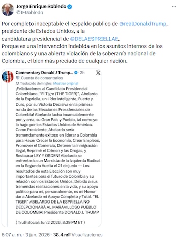Jorge Enrique Robledo calificó de “inaceptable” el apoyo de Donald Trump a Abelardo de la Espriella en Colombia - crédito @JERobledo/X