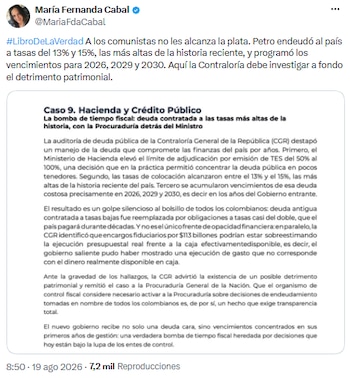 María Fernanda Cabal sobre el Libro de la Verdad - crédito @MariaFdaCabal/X