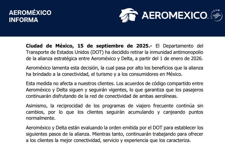 Aeroméxico lamenta la decisión tomada por el Gobierno de Estados Unidos. Foto: X/@Aeromexico.