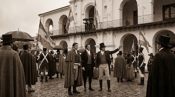 Escena histórica en tonos sepia bajo la lluvia, con personas vestidas de época y sombreros de copa frente a un edificio colonial de arcos y balcones. Se ven paraguas y banderas.