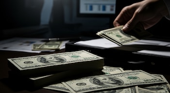 Una mano sostiene fajos de billetes de cien dólares sobre una mesa oscura con más dinero, un maletín abierto y documentos, con un monitor de computadora al fondo.