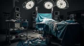 Quirófano hospitalario con tres luces quirúrgicas brillantes, una cama de operaciones con sábanas azules desordenadas y manchas de sangre, equipo médico y carro auxiliar con desechos.