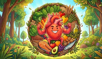 Ilustración de un corazón rojo sonriente y musculoso, rodeado por un círculo de alimentos saludables como verduras, frutas, pescado y cereales, en un bosque verde