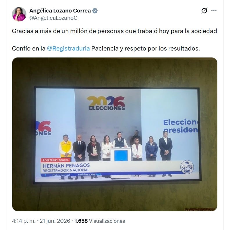 Angelica Lozano confía en las elecciones que están bajo la coordinación de la Registraduría - crédito @AngelicaLozanoC/X