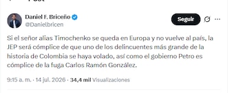 Daniel Briceño sostuvo que si Timochenko escapaba de Colombia, el escándalo sería similar a lo ocurrido con Carlos Ramón González - crédito @Danielbricen/X