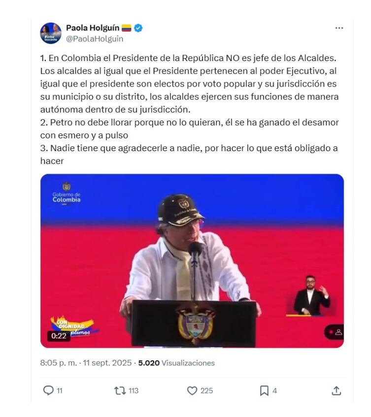 Con este mensaje, la senadora Paola Holguín salió en respaldo del alcalde de Cali, Alejandro Éder, tras señalamientos del presidente Gustavo Petro - crédito @PaolaHolguin/X