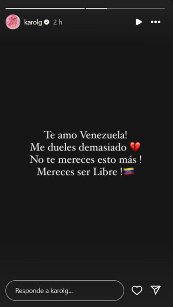 La cantante paisa alzó su voz sobre las protestas en Venezuela - crédito @karolg / Instagram