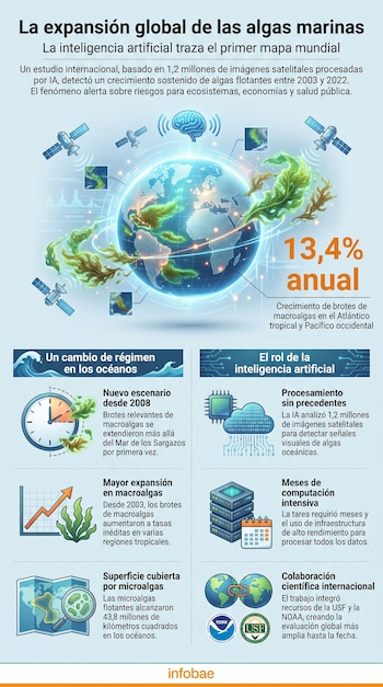 Infografía de algas marinas expandiéndose en un globo terrestre, satélites, iconos de cerebro y chips, gráficos, reloj, mapa con lupa, servidores y logos de NOAA y USF.
