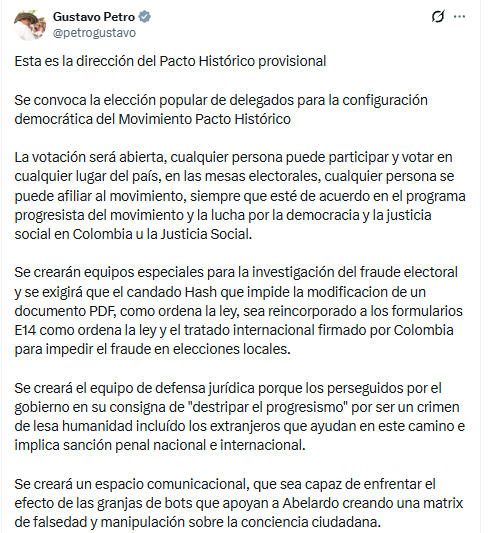 Con este mensaje, el expresidente Gustavo Petro dio los lineamientos sobre la conformación de la dirección provisional del Pacto Histórico - crédito @petrogustavo/X
