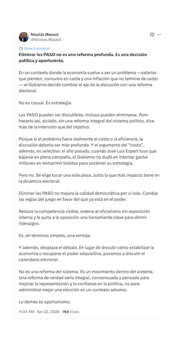 Captura en X Nicolas Massot sobre la reforma electoral