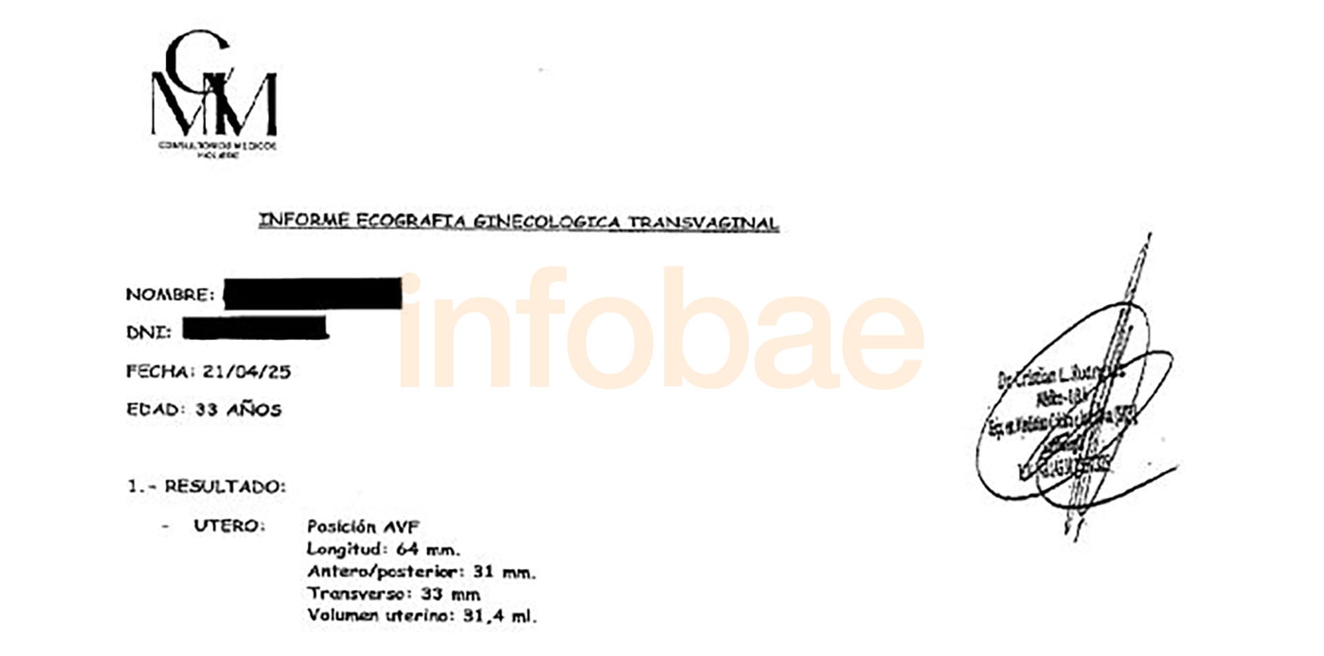 El informe de una de las ecografías que Rodríguez le practicó a B.