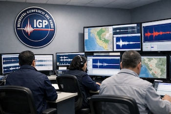 Tres técnicos observan múltiples monitores con gráficos de ondas sísmicas y mapas geográficos en el centro de control del IGP en Perú, con el logo visible.