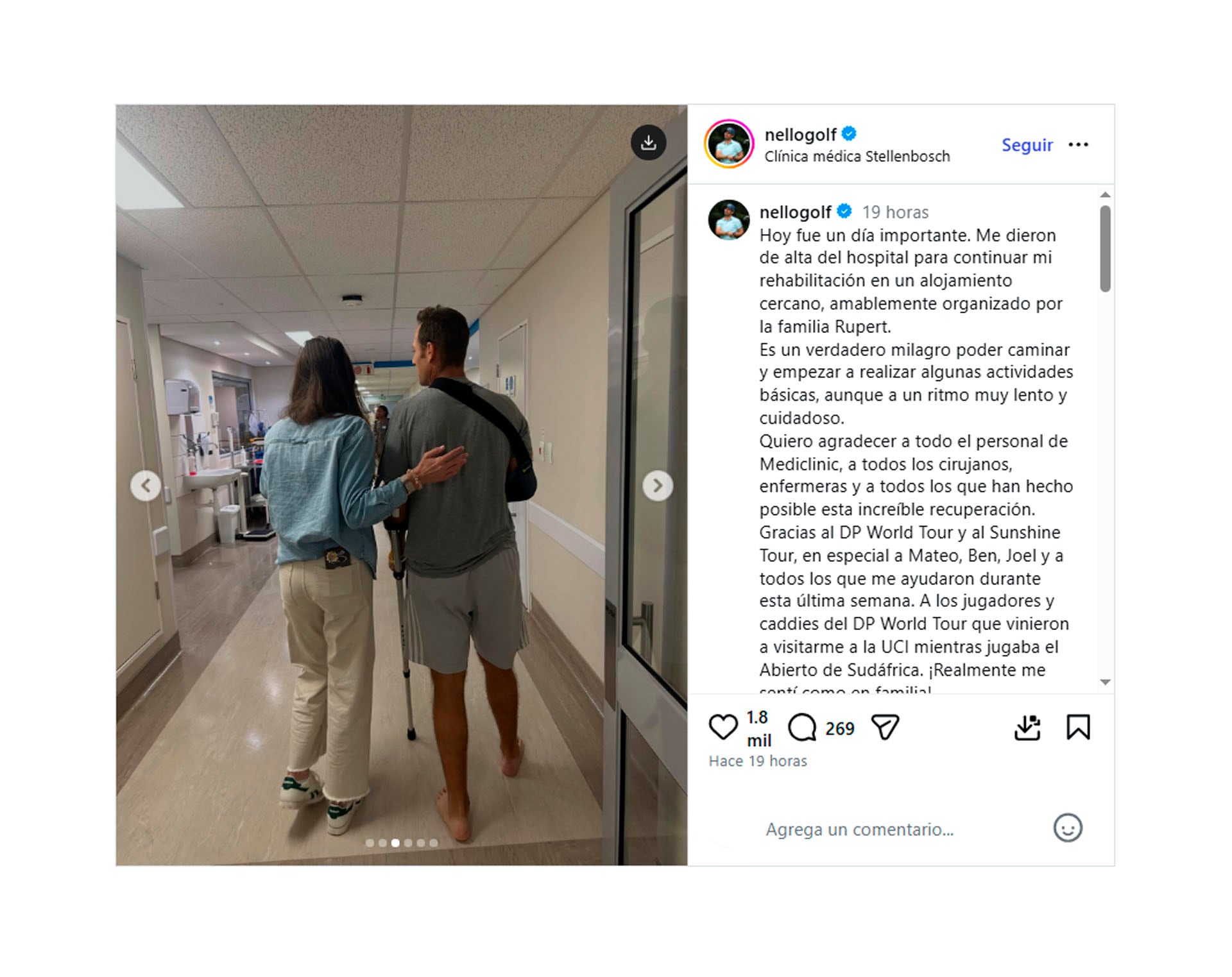 El golfista, quien sufrió un extraño accidente en Sudáfrica, es dado de alta del hospital y camina con muletas asistido por otra persona para iniciar su rehabilitación. (@nellogolf)