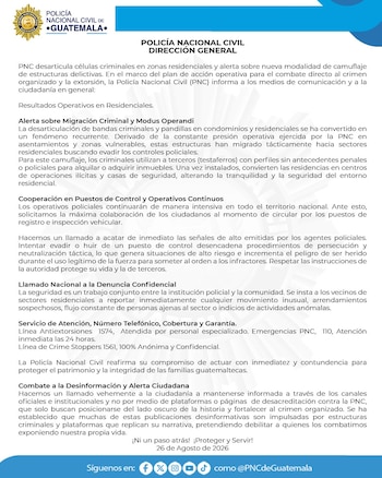 Documento oficial de la Policía Nacional Civil de Guatemala con logotipo, texto explicativo y canales de contacto en la parte inferior